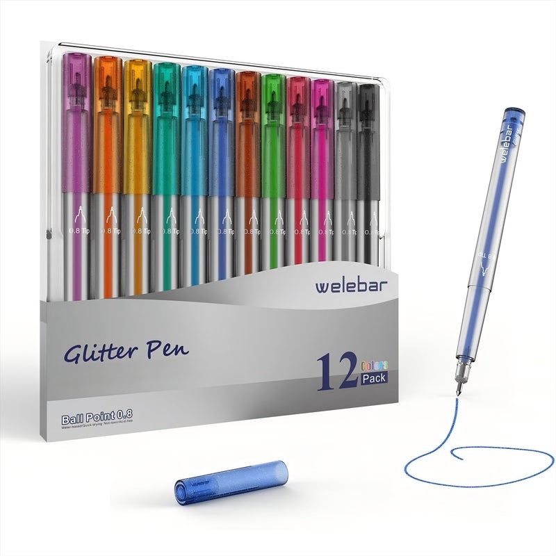 welebar Glitter Gel Pen Set Compatible with Cricut Maker 3/Maker 4/Maker/Explore 3/Explore 4/Air 2/Air, 0.8 Tip Glitter Pen Set of 12 Pack Medium Point Pen, Writing, Drawing, Invitations, Cards - Image 1